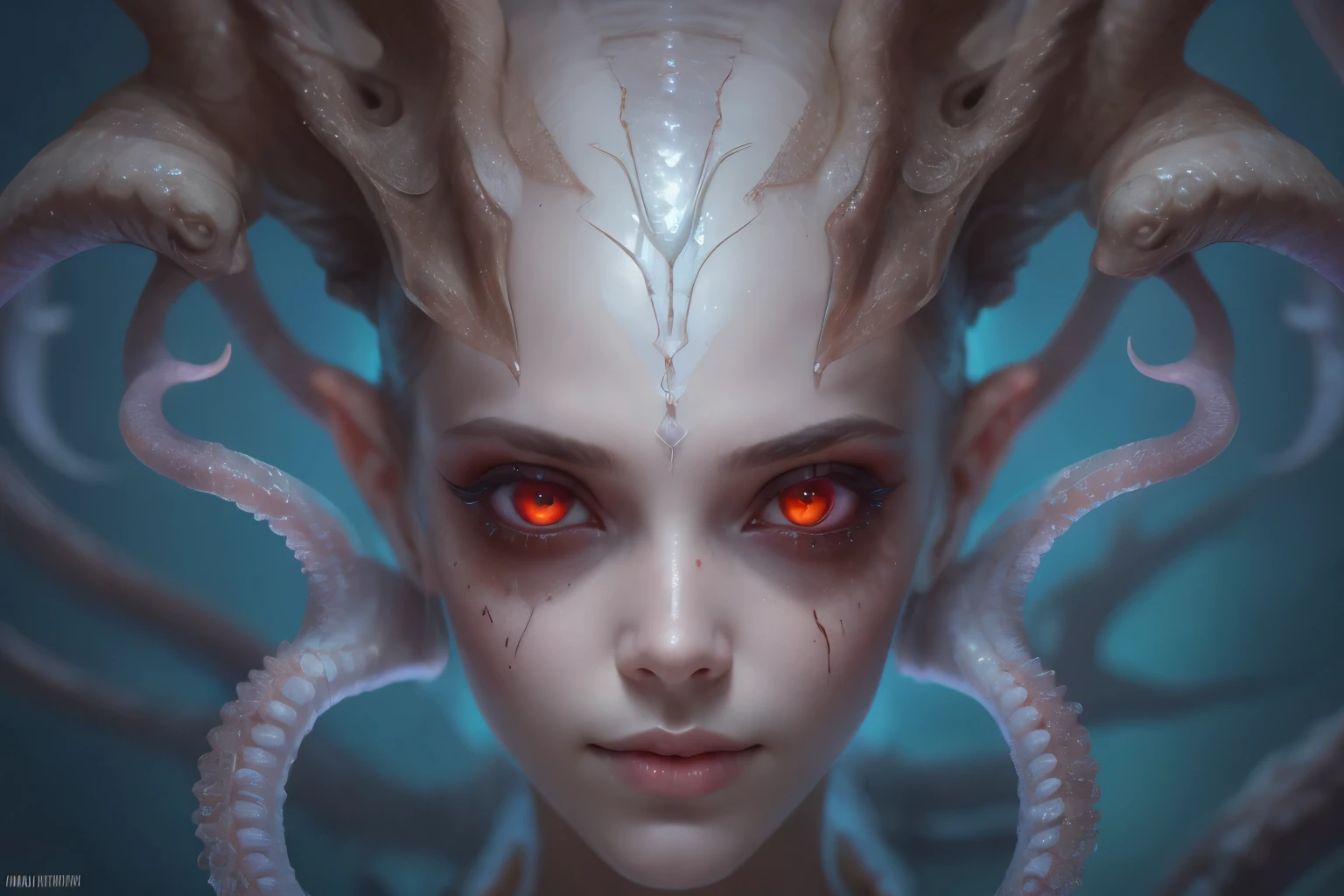 Portrait, (beautiful female alien:1.2),  (she has red eyes with no pupils:1.8), (Translucent skin:1.7),  (There is a female genital-like organ in the middle of the forehead.:1.9), (The most beautiful face in the history of the universe:1.2),an evil gaze that seduces, (large mouth:1.1), (sharp teeth like a vampire:1.2), Full body like, (bio luminescent:1.5), (Smile wickedly:1.3),  (sexypose:1.5), alien, No humans, cells are fused, (Lots of translucent tentacles:1.3) extraterrestrial, cell, bio image, Best Quality, 8K,4K_quality, High Definition, Dramatic Lighting, masutepiece:1.5,cinematic quality, detail up, (Intricate details:1.2), High resolution, High Definition, drawing faithfully, (Thick eyebrows:1.2), Beautiful eyes with fine symmetry,(Highly detailed face and eyes:1.2), Intimate face, (Super detailed skin quality feeling:1.4), Perfect Anatomy,  (Beautiful toned body:1.5),  (Moist skin:1.2), No makeup, (dark circles:1.1), long canines, cinematic drawing of characters, ultra high quality model, cinematic quality, detail up, (Intricate details:1.2), High resolution, High Definition, drawing faithfully, Official art, Unity 8K wall  , 8K Portrait, Best Quality, Very High resolution, ultra detailed artistic photography, midnight aura,  unreal enginee 5, Ultra Sharp Focus, art by alberto seveso, ArtGerm, Roisch, intricate artwork, best quality, masutepiece, ultra High resolution, (photos realistic:1.4), Ultra-realistic realism, dream-like,  nautilus, Creation of fantasy, Snail, Dream Snail,  biopunk nautilus, Thrilling color schemes， Ultra-realistic realism， seductively smiling, Blue tentacles,