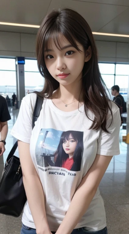 Realistic Pictures of Korean Women, crossed bangs, slightly smile, tee shirt, At the airport, POV, Eye-Level Shot, hazy, UHD, Masterpiece, high resolucion, 16 k