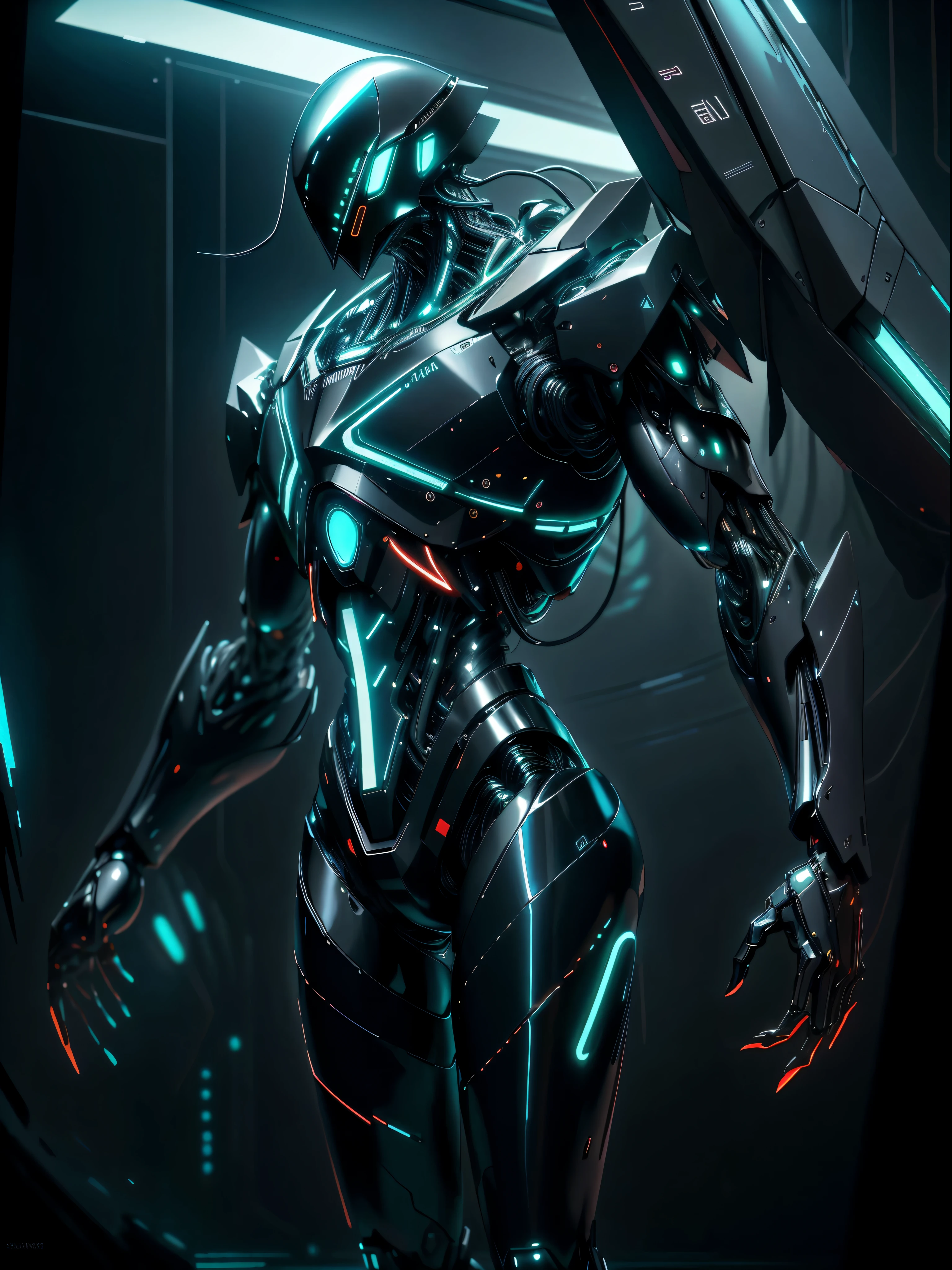realistic,shiny,reflective,bioluminic, galactic cybernetic mask,mecha,( Slenderman :1.2)sh4g0d,GlowingRunes_red, slim body, fullbody,cinemnatic, neon lights in the background,back light,high contrast,