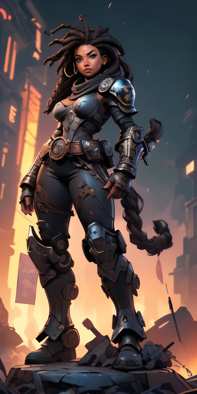 (((NSFW, desenho de linha, Desenho em aquarela, best quality, Ultra Detalhado, master part, 1 mulher negra de 21 anos, pele negra, corpo inteiro, corpo magro, Gears of War estilo sci-fi NSFW caça))), ((1 mulher negra de 21 anos, pele negra, cabelo dreadlock, beautiful face, rosto bem desenhado, symmetrical face, detailed hands, well drawn hands, symmetric eyes, corpo magro: 1.2, sci-fi soldier, Usando NSFW Armor Sci-Fi, corpo magro esbelto, corpo inteiro)), dynamic pose, Pose de combate, motor ureal 5, 8k, drama ao vivo, apocalyptic cityscape, proporcional, symmetric, proportion Aurea, art-station, Velhaco, Dynamic Combat Pose, Steampunk