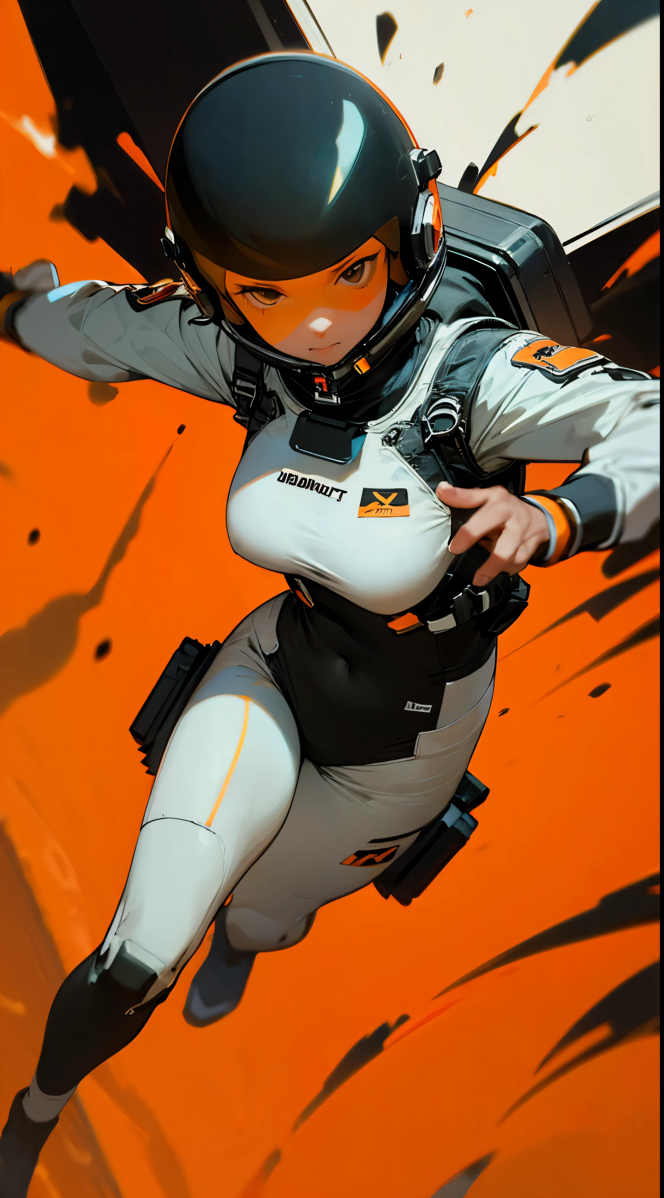 (best quality,4k,hd,highres,masterpiece:1.2) 1girl, astronaut suit (without helmet) in orange and black colors, breasts exposed, torn clothes. futuristic night background (motion blurred), dynamic pose