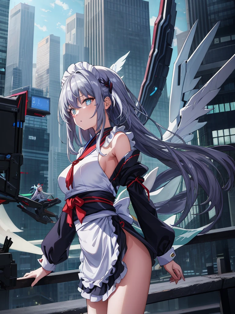 top-quality、ighly detailed、masterpiece、ultra-detailliert、illustratio、((1girl in))、silber hair、length hair、Floating hair、、Cyber City、Neon building、(The upper part of the body:1.05)、extremely_Detailed_Eyes_And_Face, Mechanical wings、Random posture、Skyscraper、、Mechumusume、shrine maiden clothe,maid clothes、Random angles、anime styled,cowboy shot