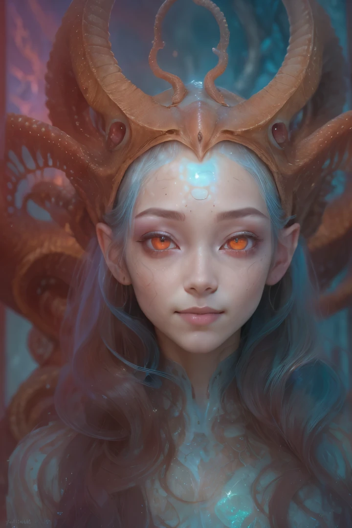 Portrait, (1 beautiful female alien:1.2), ((There is a female genital-like organ in the middle of the forehead.:1.9)), (The most beautiful face in the history of the universe:1.2), (Scarlet eyes that shine mysteriously:1.6), (Translucent skin:1.8), an evil gaze that seduces, (red eyes:1.5), (large mouth:1.1), sharp teeth like a shark, Full body like, (bio luminescent:1.2), (Smile wickedly:1.3), (sexypose:1.5), alien, No humans, cells are fused, (Lots of translucent tentacles:1.1) (Translucent skin:1.3), extraterrestrial, cell, bio image, Best Quality, 8K,4K_quality, High Definition, Dramatic Lighting, masutepiece:1.5,cinematic quality, detail up, (Intricate details:1.2), High resolution, High Definition, drawing faithfully, (Thick eyebrows:1.2), Beautiful eyes with fine symmetry, (Ultra detailed eyes:1.2),(Highly detailed face and eyes:1.2), (High-resolution red-eye:1.4), Intimate face, (Super detailed skin quality feeling:1.4), Perfect Anatomy, (Beautiful toned body:1.5), (Moist skin:1.2), No makeup, (dark circles:1.1), long canines, cinematic drawing of characters, ultra high quality model, cinematic quality, detail up, (Intricate details:1.2), High resolution, High Definition, drawing faithfully, Official art, Unity 8K wall , 8K Portrait, Best Quality, Very High resolution, ultra detailed artistic photography, midnight aura, unreal enginee 5, Ultra Sharp Focus, art by alberto seveso, ArtGerm, Roisch, intricate artwork, best quality, masutepiece, ultra High resolution, (photos realistic:1.4), Ultra-realistic realism, dream-like, nautilus, Creation of fantasy, Snail, Dream Snail, (biopunk nautilus:1.3), Thrilling color schemes, Ultra-realistic realism, seductively smiling, Blue tentacles, Creatures that mimic humans