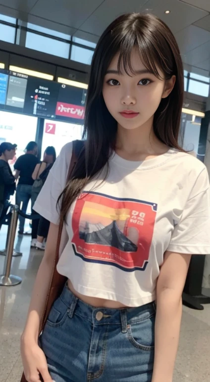 Realistic photos of Korean women, crossed bangs, slightly smile, tee shirt, At the airport, POV, Eye-Level Shot, hazy, UHD, Masterpiece, high resolucion, 16 k