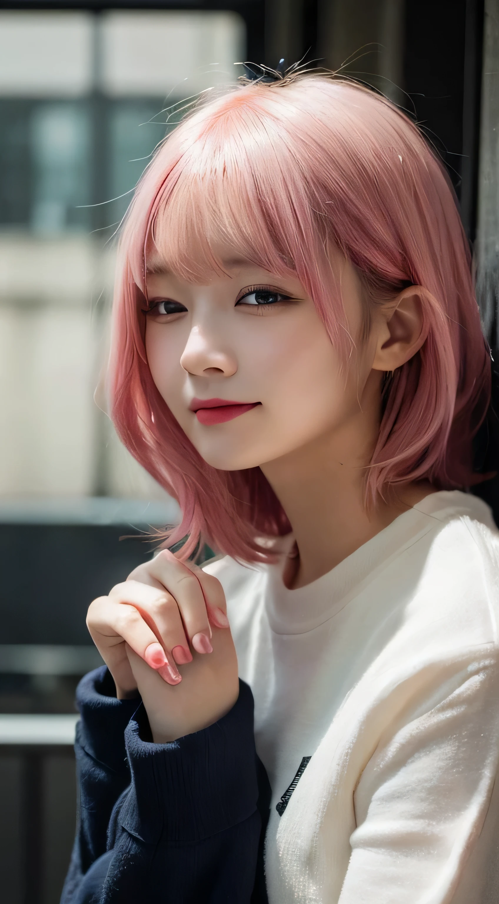 masutepiece, Best Quality, Illustration, Ultra-detailed, finely detail, hight resolution, 8K,Wallpaper, Perfect dynamic composition, Beautiful detailed eyes, White long sleeve trainer,Short bob hair、Pink hair color,Big Natural Color Lip, Bold sexy poses,Thin laughter、cold stare,Harajuku、20 years girl、Cute、、In a dark room、Eyes closed、Depressed