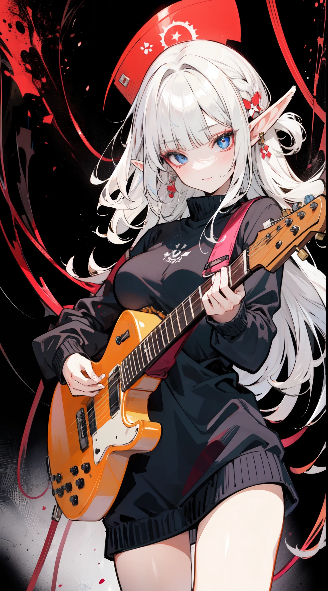 ((masterpiece, best quality)), official art, unity 8k wallpaper, ultra detailed, an elf woman, with a guitar in her hands and a joy in her eyes, BREAK, highly detailed of (elf), (1girl), solo, big breast, perfect face, details eye, Blunt bangs, (hair between eye), white hair, blue eyes, eyelashes, eyeshadow, pink eyeshadow, in the style art by Artgerm, by Kawacy, by Yoshitaka Amano, BREAK, flat jumper, knitwear, knitwear design, knitted sweater, cables, cables composition, fishermans rib, woolen material, bright orange