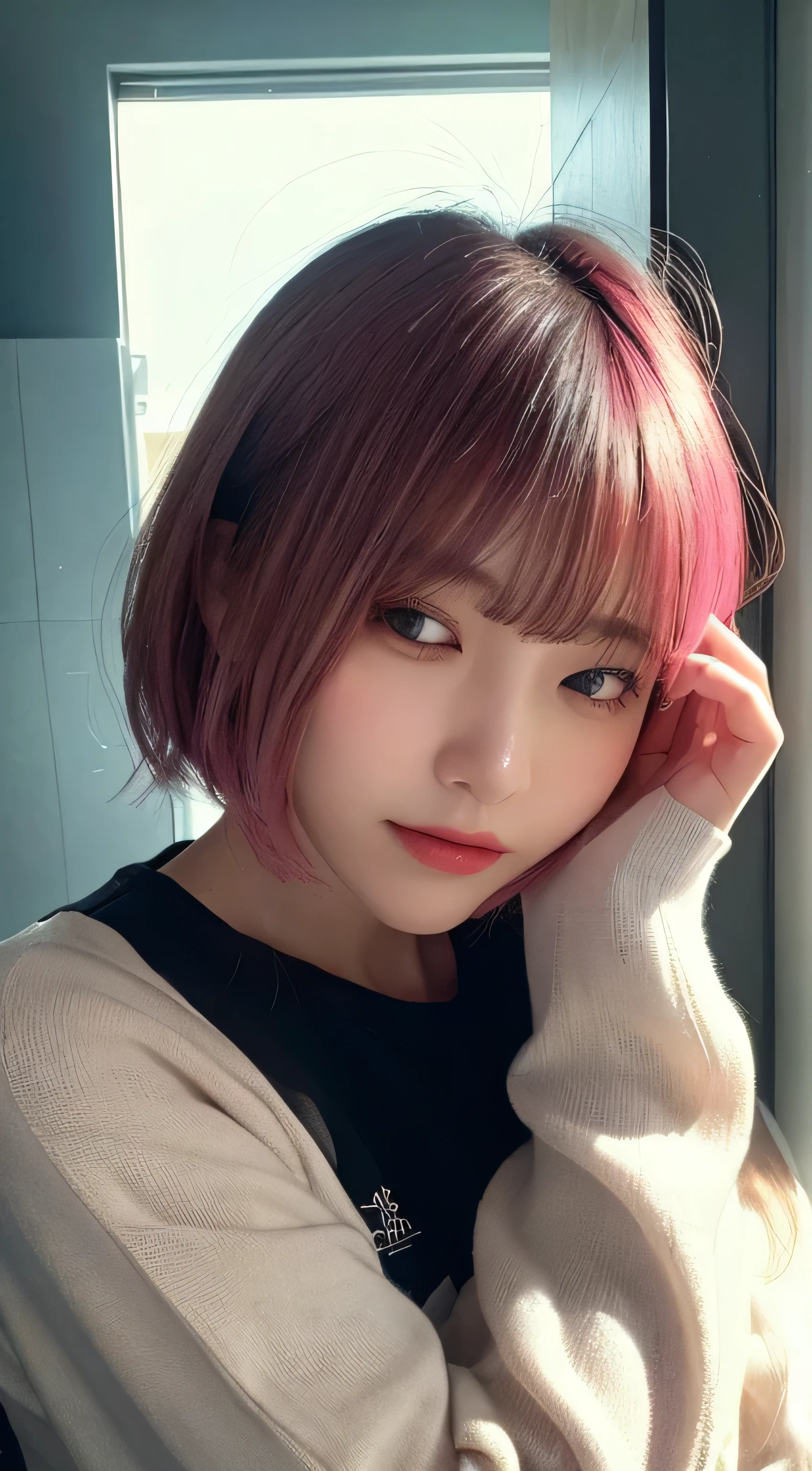 masutepiece, Best Quality, Illustration, Ultra-detailed, finely detail, hight resolution, 8K,Wallpaper, Perfect dynamic composition, Beautiful detailed eyes, White long sleeve trainer,Short bob hair、Pink hair color,Big Natural Color Lip, Bold sexy poses,Thin laughter、cold stare,Harajuku、20 years girl、Cute、、In a dark room、Eyes closed、Depressed