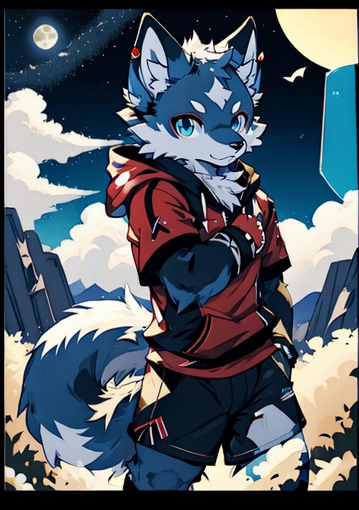 solo, wolf, furry male, tall, white color fur, short hair, gray color fur around the forehead, (light gray color ear roots:1.2), (red color ear tips:1.2), deep blue color eyes, big long tail, white color tail tips, white arms, full meat pad on paws, (light blue and white hoodie:1.1), short sleeves, black shorts, glasses, stand, wave paws, night, dark sky, large open balcony, distant mountains, modern city, dark sky, full moon, close up, full body, detailed character