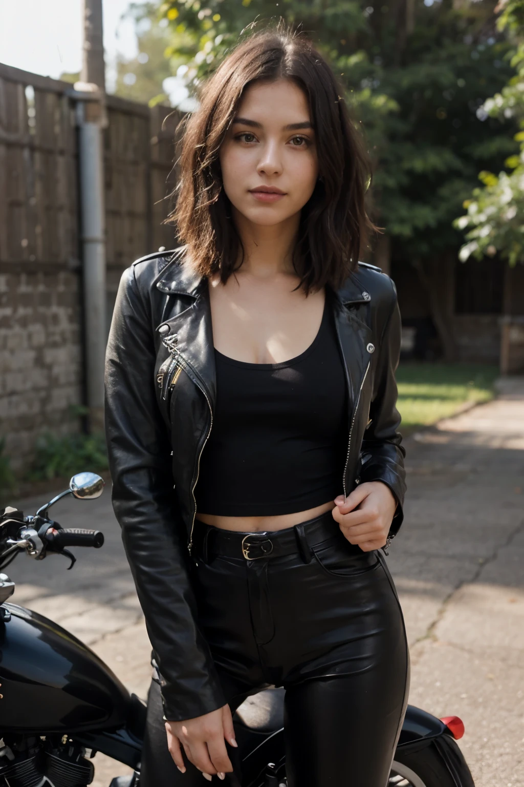 Beautiful girl with short black men's hair, black thin leather jacket over black t-shirt, black tight leather pants, leaning on a black motorcycle, great lighting, sunlight shining on her face during the day