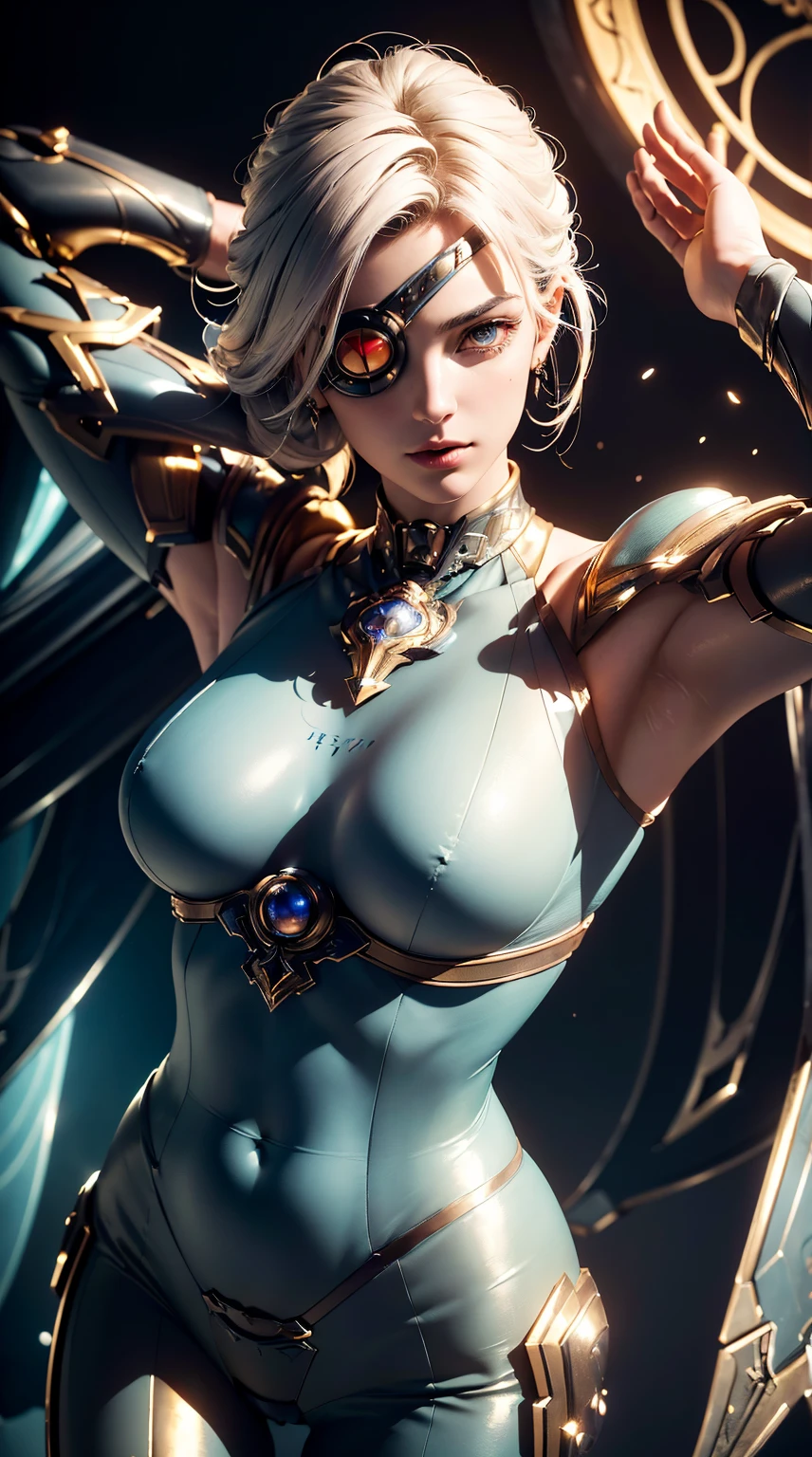 1girl, (detailed eyes, eye patch), (detailed lips), (intense expression), (exquisite face), (mechanical, futuristic armor), (summoning a giant sword), (in a dark temple), (majestic atmosphere), (masterpiece:1.2), (ultra-detailed), (realistic:1.37), (studio lighting), (vivid colors), (sharp focus), (mechanical aesthetic), (sci-fi), (dark tones), (mysterious lighting), (high contrast), (dramatic shadows), (metallic textures), (elegant pose), (intricate detailing), (mesmerizing composition), (dynamic perspective), (powerful stance), (futuristic design), (impressive craftsmanship), (baroque elements), (solemn ambiance), (grandiose setting), (mystical ambiance), (imposing atmosphere), (ethereal aura), (captivating presence)，(golden accents)