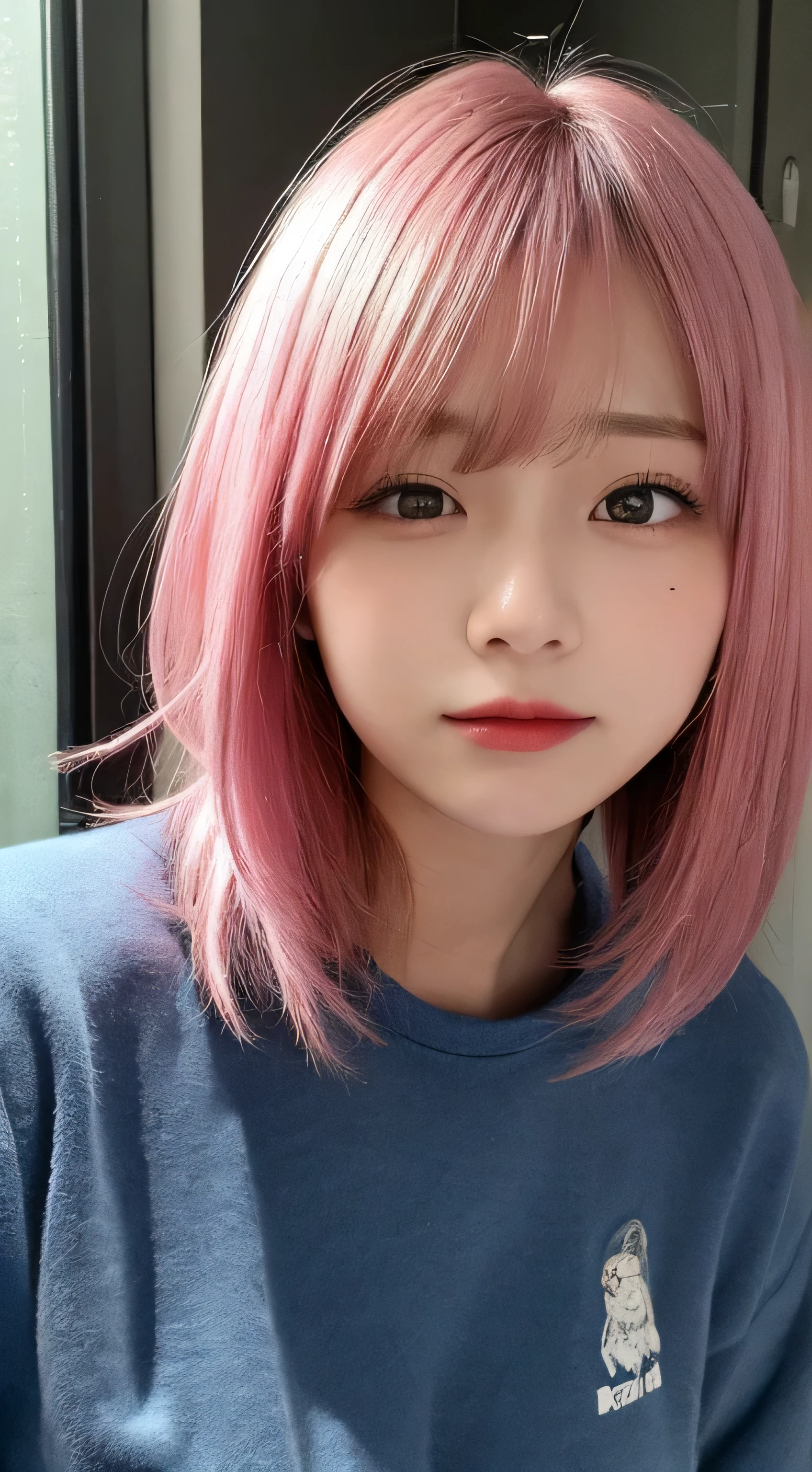 masutepiece, Best Quality, Illustration, Ultra-detailed, finely detail, hight resolution, 8K,Wallpaper, Perfect dynamic composition, Beautiful detailed eyes, White long sleeve trainer,Short bob hair、Pink hair color,Big Natural Color Lip, Bold sexy poses,Thin laughter、cold stare,Harajuku、20 years girl、Cute、、In a dark room、Eyes closed、Depressed