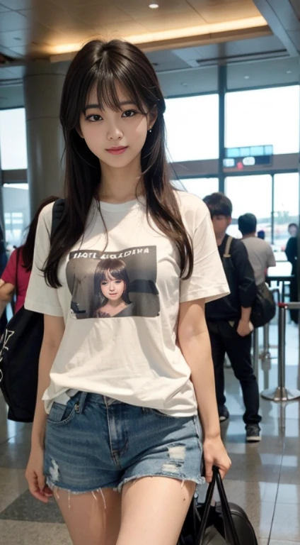 Realistic Pictures of Korean Women, crossed bangs, slightly smile, tee shirt, At the airport, POV, Eye-Level Shot, hazy, UHD, Masterpiece, high resolucion, 16 k