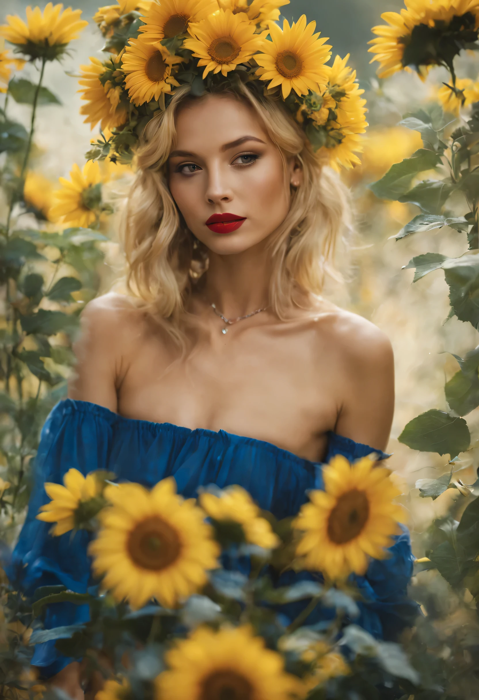 ((top-quality, 8K)), (Realistic), (Face Focus: 1.1), (Yellow, blue: 1.3), ukrainian girl, fine art fashion photography, wearing  ukrainan flower headband, sunflowers, roses,  monia merlo, inspired by irakli nadar, inspired by irakli nadar, inspired by Franz Xaver Winterhalter, with blooming flowers around her, inspired by Tatiana Hordiienko, jean-sebastien rossbach, karol bak uhd, vynok, vyshyvanka bikni, pom-poms, roses, dreamy, seductive, (very young) (beautiful), blonde hair at length of chin, looking like CAMERON DIAZ, A CUPS, small breasts, tiny body, skinny body, petite body,, () (loose) (wet) (singlet) (see through), (no bra), (mini bikini) ,( materials), (red lipstick),  (seductive), (), (flirty),(:1.5), (full body:1.5)
