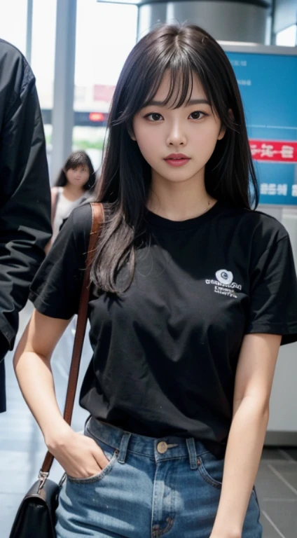 Realistic photos of Korean women, crossed bangs, slightly smile, tee shirt, At the airport, POV, Eye-Level Shot, hazy, UHD, Masterpiece, high resolucion, 16 k