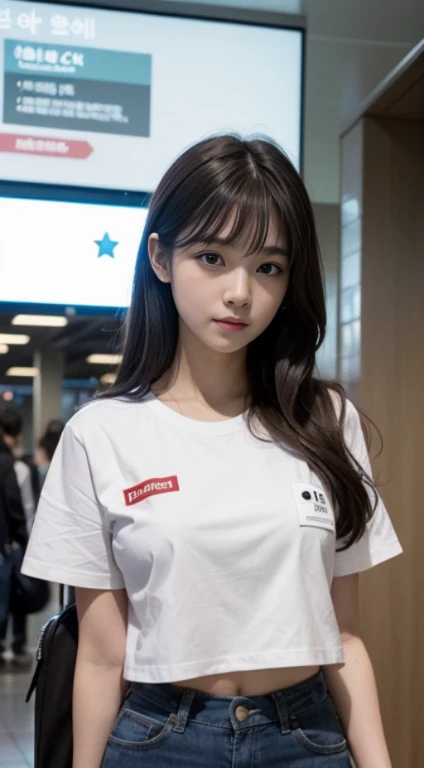 Realistic photos of Korean women, crossed bangs, slightly smile, tee shirt, At the airport, POV, Eye-Level Shot, hazy, UHD, Masterpiece, high resolucion, 16 k