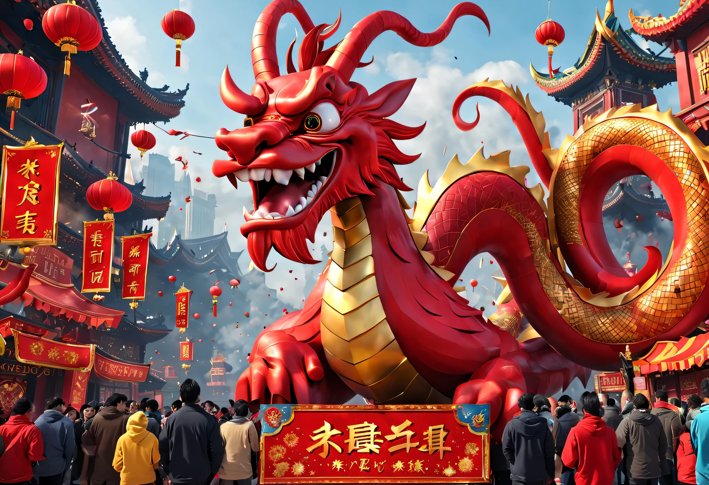 （2024 new year eve new year poster design），Passionate red as the main color，with dynamism，Located in the center of the poster，Smiling giant Chinese dragon and cute rabbit electronic lcd screen countdown clock design，People look at the clock and shout，There are various carnival elements scattered around， (air zone、fire works, ETC) ，At the bottom of the poster， (Happy New Year Gold Medal）），（Gold Medal 2024 ），Made by Pixar，3D，Steam cyberpunk，