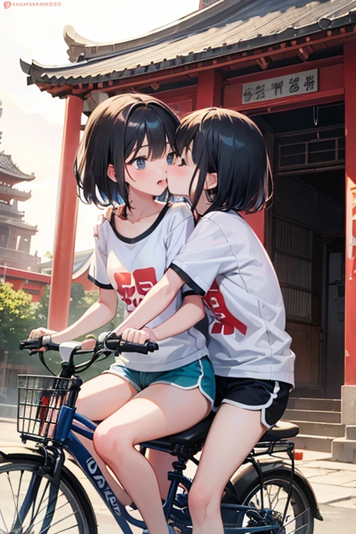Two girls kiss while riding tricycle, dolphin shorts, in the volcanic temple