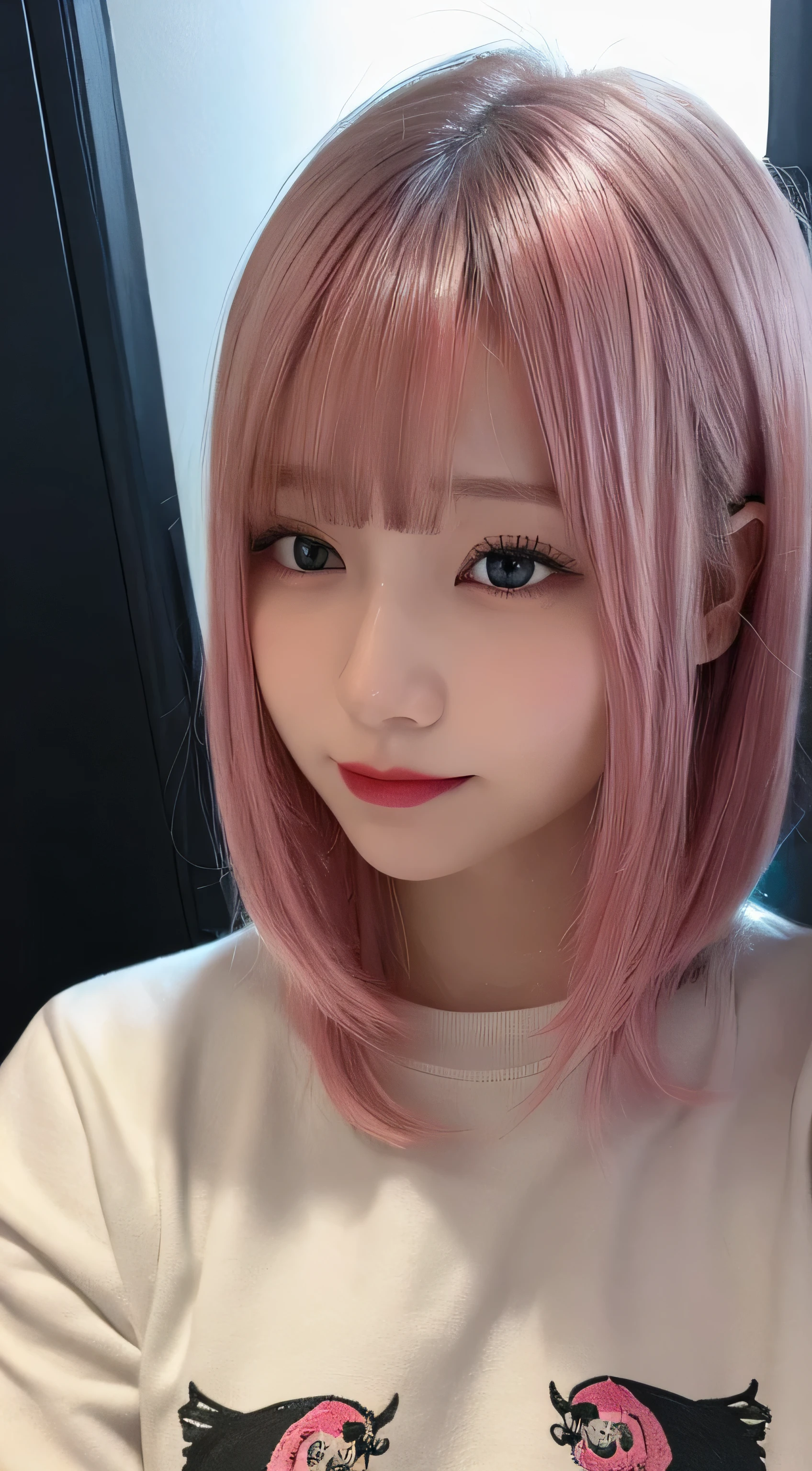 masutepiece, Best Quality, Illustration, Ultra-detailed, finely detail, hight resolution, 8K,Wallpaper, Perfect dynamic composition, Beautiful detailed eyes, White long sleeve trainer,Short bob hair、Pink hair color,Big Natural Color Lip, Bold sexy poses,Thin laughter、cold stare,Harajuku、20 years girl、Cute、、In a dark room、Eyes closed、Depressed