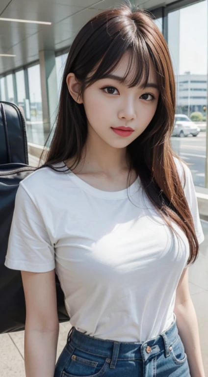 Realistic Pictures of Korean Women, crossed bangs, slightly smile, tee shirt, At the airport, POV, Eye-Level Shot, hazy, UHD, Masterpiece, high resolucion, 16 k