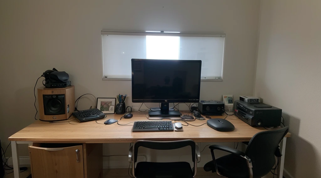 Computer table of a hacker with 2 monitors, large table, chair with head support, backlit keyboard, headphones, podcast microphone with stand, coffee mug on the table, photo taken from the back side, face not visible