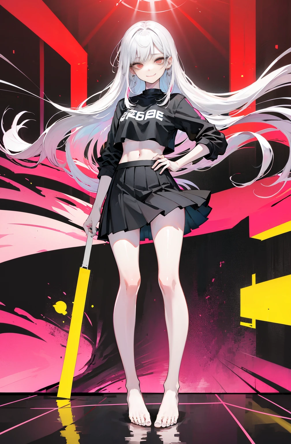 Hyper-Resolution,
(realistically:1.3),
(1 Slim girl), Fashionab女孩, Fashionab,
Young face, red eye makeup,face flushed, (Vibrant smile),
(Slim) upper legs,
Navel-baring black T-shirt), (Skirt above the knee),
,Fashion show,catwalk,
Come on stage,peeping at the viewer,fully body photo,The barefoot,emo girl, kawaii, silber hair