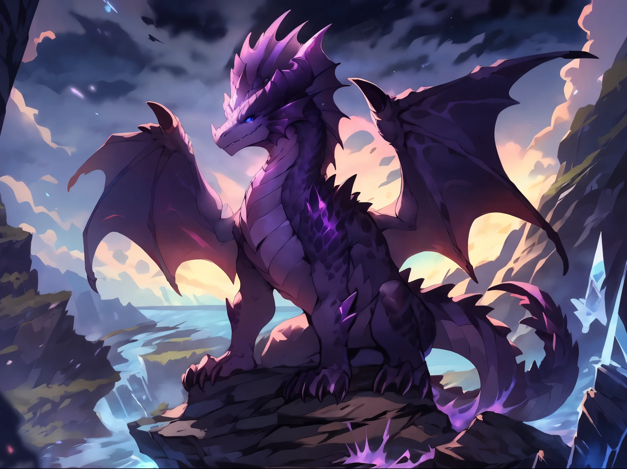 powerful dragon with black and purple scales, crystalline horns, dark aura, powerful creature, blue eyes, with a halo on top of the head, on top of a mountain, hatred, with open wings, with a broken horn