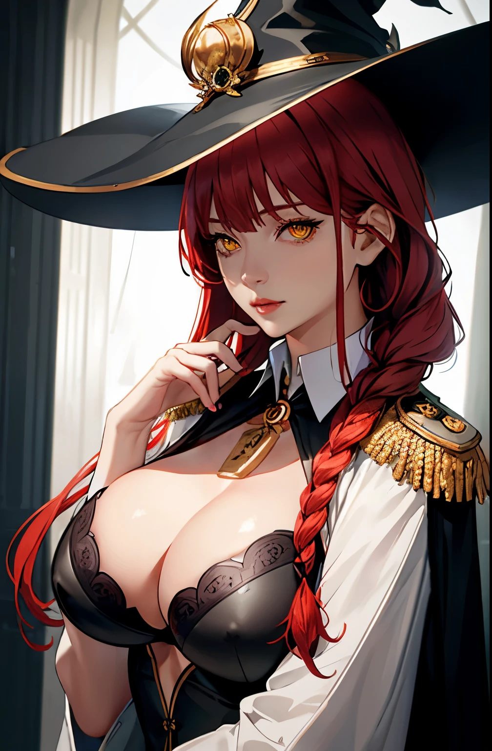 Close up face, detailed eyes, Medium tits, cleavage, masterpiece, (photorealistic:1.4), best quality, beautiful lighting, large witch hat, admiral long coat, shoulder badge, (ulzzang-6500:0.5), makima \(chainsaw man\), (red hair)+(single long braided hair)+(bangs), yellow eyes, golden eyes, (white shirt), RAW photo, 8k uhd, film grain, at castle, mediavel,