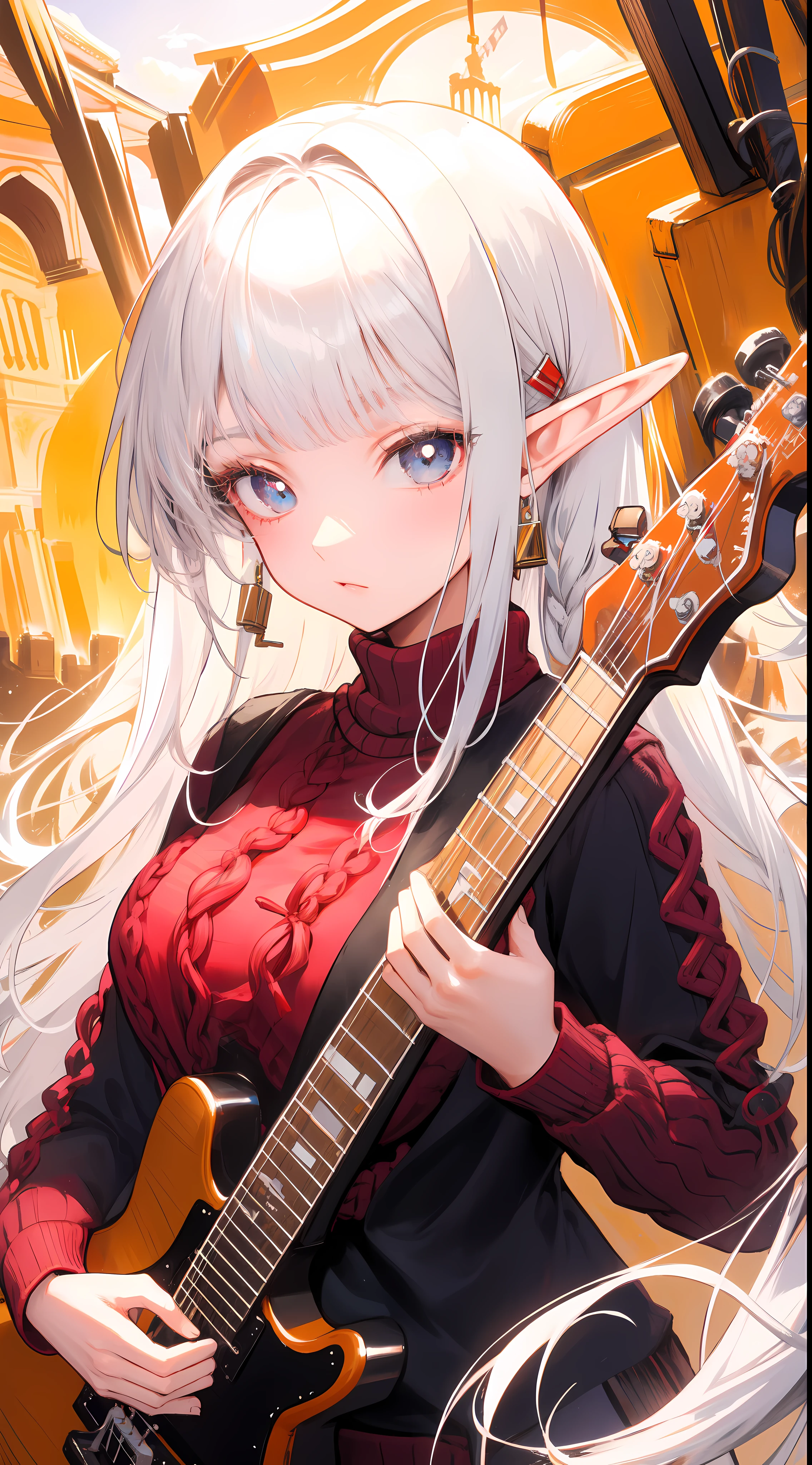 ((masterpiece, best quality)), official art, unity 8k wallpaper, ultra detailed, an elf woman, with a guitar in her hands and a joy in her eyes, BREAK, highly detailed of (elf), (1girl), solo, big breast, perfect face, details eye, Blunt bangs, (hair between eye), white hair, blue eyes, eyelashes, eyeshadow, pink eyeshadow, in the style art by Artgerm, by Kawacy, by Yoshitaka Amano, BREAK, flat jumper, knitwear, knitwear design, knitted sweater, cables, cables composition, fishermans rib, woolen material, bright orange