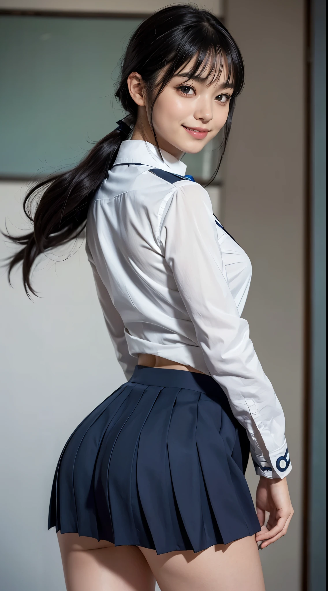 (((Half-taken costume:2.0))), (((shool uniform:2.0))), (((Lifted skirt:1.8, Showing everything about your panties to the camera:1.8))), (((pantie shot:1.8))), (((facing back:1.8, Point your butt at the camera:1.5, Leaning forward:1.8))), (((shool uniform:1.8, Dark blue pleated skirt:1.5, white panties with a small area,:1.5))), (ssmile:1.5), 1girl in, 18year old, 7headed body, Ideal ratio body proportions, erectile nipple, pony tail hair, A dark-haired, With bangs, small tits, A slender, Small buttocks, beauty legs, Skinny Legs, surrealism, Cinematic lighting, depth of fields, One-person viewpoint, F/1.8, 135 mm, nffsw, masutepiece, ccurate, ((Anatomically correct:1.3)), Textured skin, Super Detail, high details, High quality, awardwinning, Best Quality, hight resolution, 8K