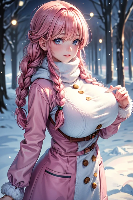 1girl, pink hair, big lips, pink eyes, heart shaped pupils, spilling cleavage, long sleeve, off shoulder top, huge breasts, light smile, pink knitwear winter hat with fur trim and pom on top, blush, nose blush, outdoors, snowy background, anime, seductive, intimate, portrait, pleated microskirt, cowboy shot