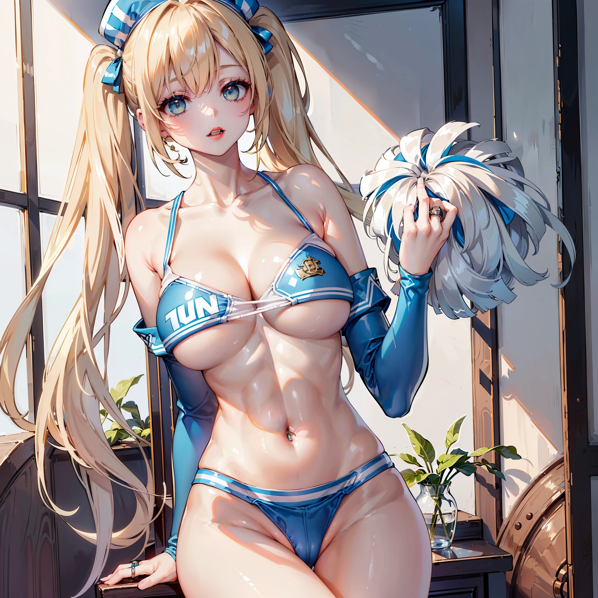 (8k, best quality, tmasterpiece:1.2),\(eye detailed\),\(Facial features\),(\(Clothes detail details\)\),(1 girl:1.3),(solo:1.35),full body,(/blonde hair/),(/green eyes/),(twintail hairstyle:1.2),(bright red lips:1.3),(/white skin:1.2/),oiled skin,huge breasts,(upperboob),breasts cleavage,The faintly visible collarbone,(slim waist:1.3),(navel)+(navel ring:1.2),crotch,(Blue and white cheerleading uniforms:1.3)+(sports peaked cap:1.2),crop tops,mini skirt,(in the women's watch room),indoor,(ssee-through:1.4),(depth of fields:1.15)