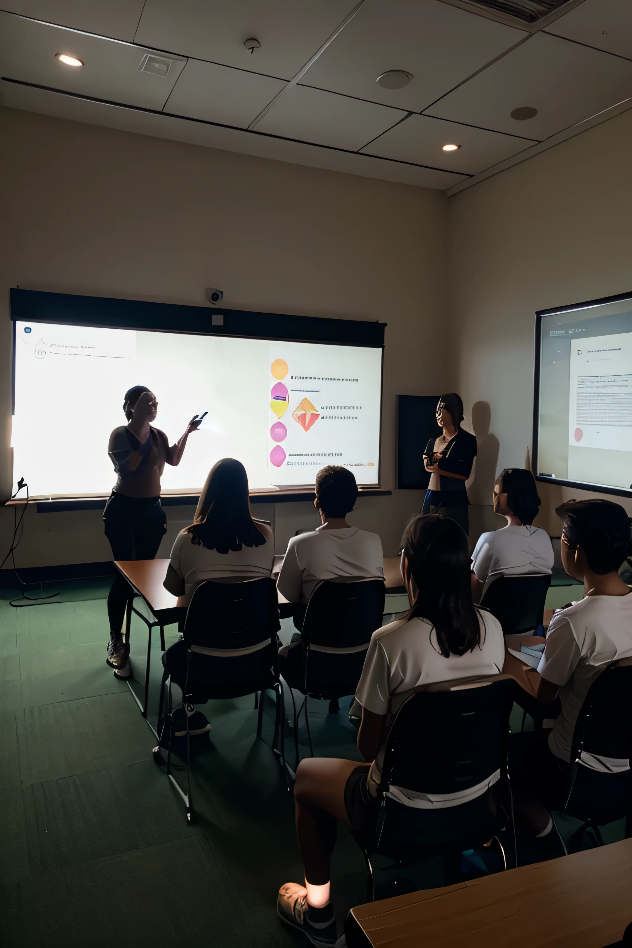 A group of teachers sharing a motivational educational training course. The room is illuminated and has some technological tools for teachers.