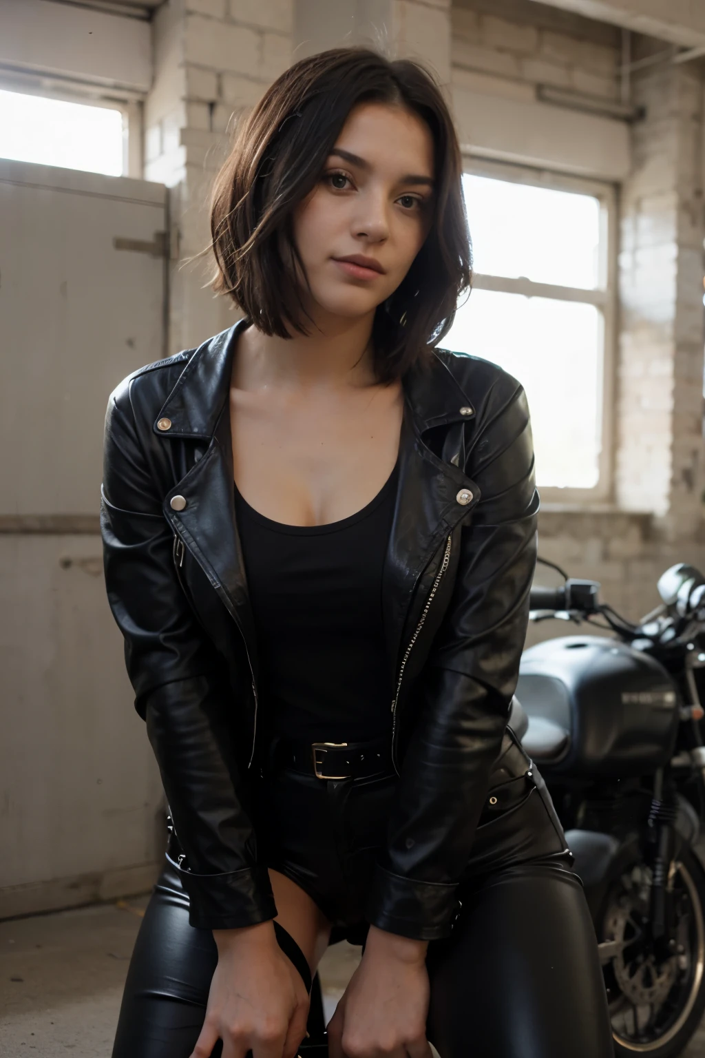 Beautiful girl with short black men's hair, black thin leather jacket over black t-shirt, black tight leather pants, leaning on a black motorcycle, great lighting, sunlight shining on her face during the day