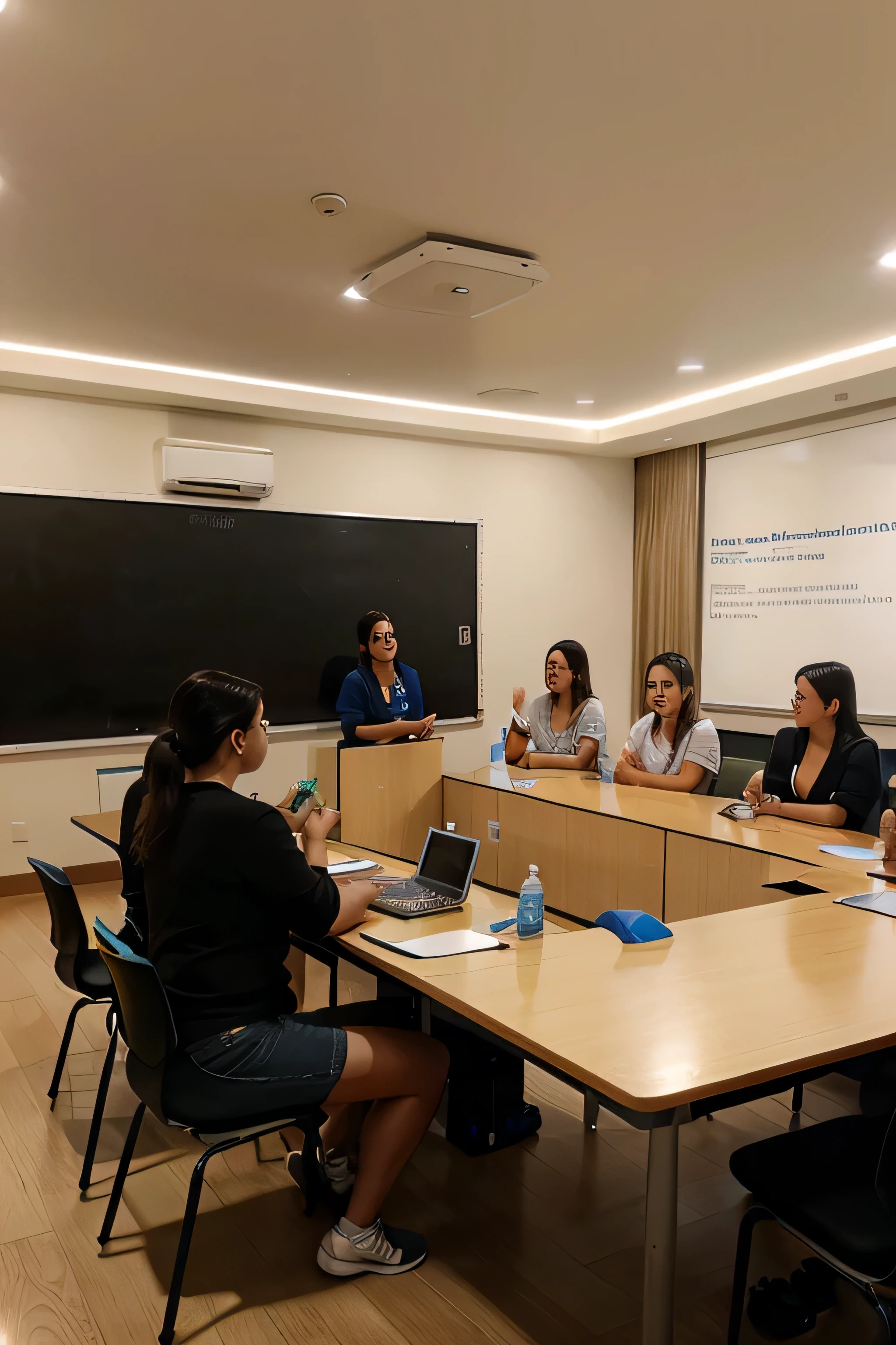 A group of teachers sharing a motivational educational training course. The room is illuminated and has some technological tools for teachers.