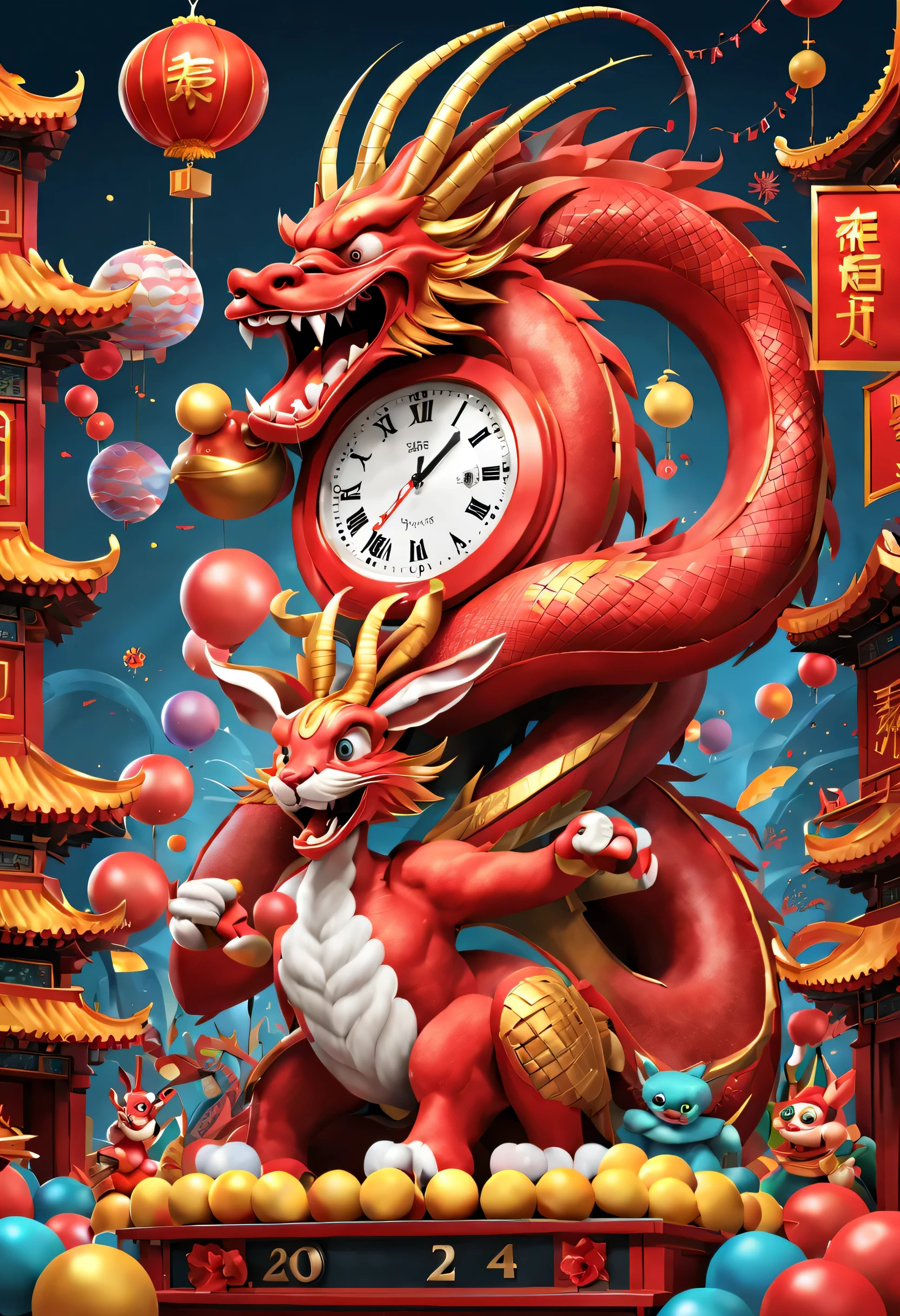 （2024 new year eve new year poster design），Passionate red as the main color，with dynamism，Located in the center of the poster，Smiling giant Chinese dragon and cute rabbit electronic lcd screen countdown clock design，People look at the clock and shout，There are various carnival elements scattered around， (air zone、fire works, ETC) ，At the bottom of the poster， (Happy New Year Gold Award）），（Gold Medal 2024 ），Made by Pixar，3D，Steam cyberpunk，