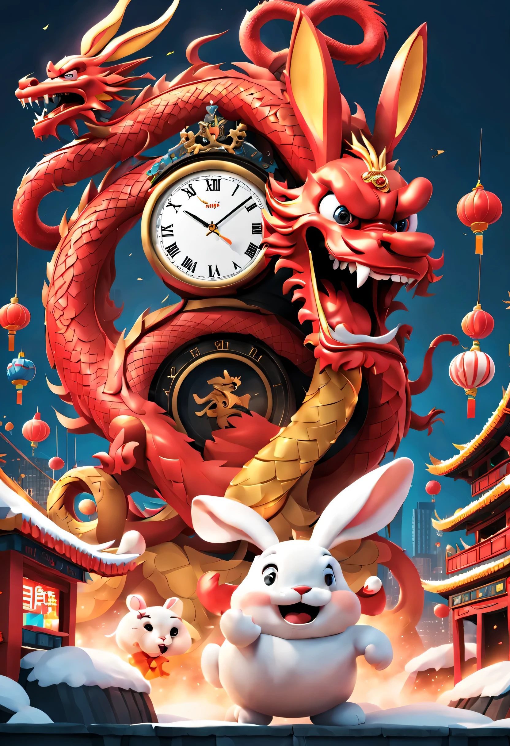 （2024 new year eve new year poster design），Passionate red as the main color，with dynamism，Located in the center of the poster，Smiling giant Chinese dragon and cute rabbit electronic lcd screen countdown clock design，People look at the clock and shout，There are various carnival elements scattered around， (air zone、fire works, ETC) ，At the bottom of the poster， (Happy New Year Gold Award）），（Gold Medal 2024 ），Made by Pixar，3D，Steam cyberpunk，