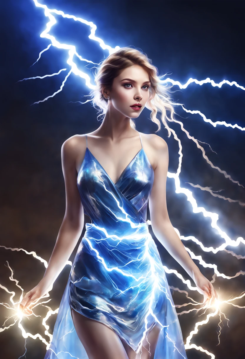 (tmasterpiece, high qulity, Best quality at best, offcial art, Beauty and aesthetics:1.2),(1 girl:1.3),formal_a skirt,Weddings_a skirt,(A girl wrapped in lightning soaring lightning boltbolts radiate lightning boltbolts),composed of elements of lightning bolt,lightning bolt,eletric,transparency,((Translucent luminescence)),Add the word ELECTRON to the image，