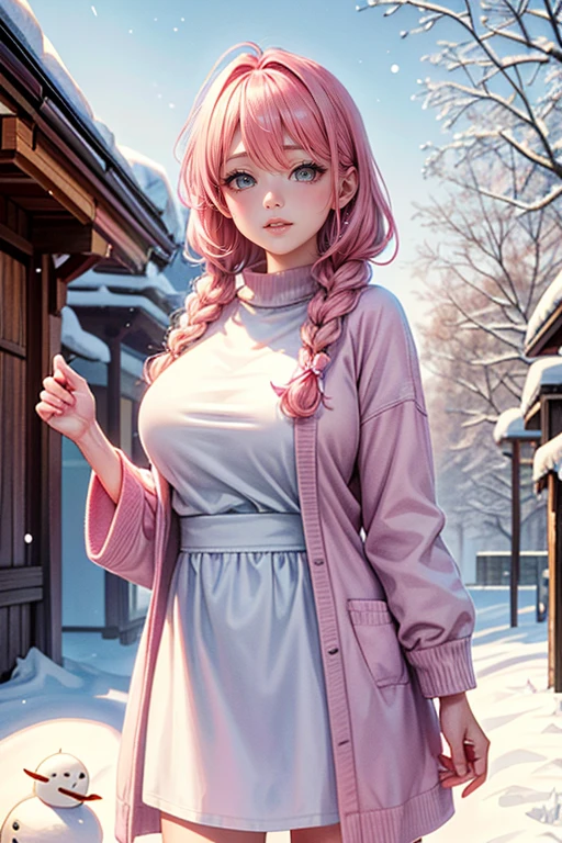 (best quality,4K,8K,high resolution,masterpiece:1.2),pink hair,short braided hair,beautiful and big breasts,snowing,snowman making,winter clothes,entering inside the Kamakura,illustration,realistic,soft colors,pink tones,gentle sunlight