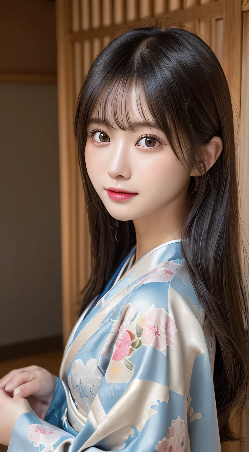 (Kimono)、((33yo))、inside in room、(top-quality,masterpiece:1.3,超A high resolution,),(ultra-detailliert,Caustics),(Photorealsitic:1.4,RAW shooting,)Ultra-realistic capture,A highly detailed,high-definition16Kfor human skin、 Skin texture is natural、The skin looks healthy with an even tone、 Use natural light and color、(One Woman)、japanes,,kawaii,A dark-haired,Middle hair,(depth of fields、chromatic abberation、Wide range of lighting、Natural Shading)