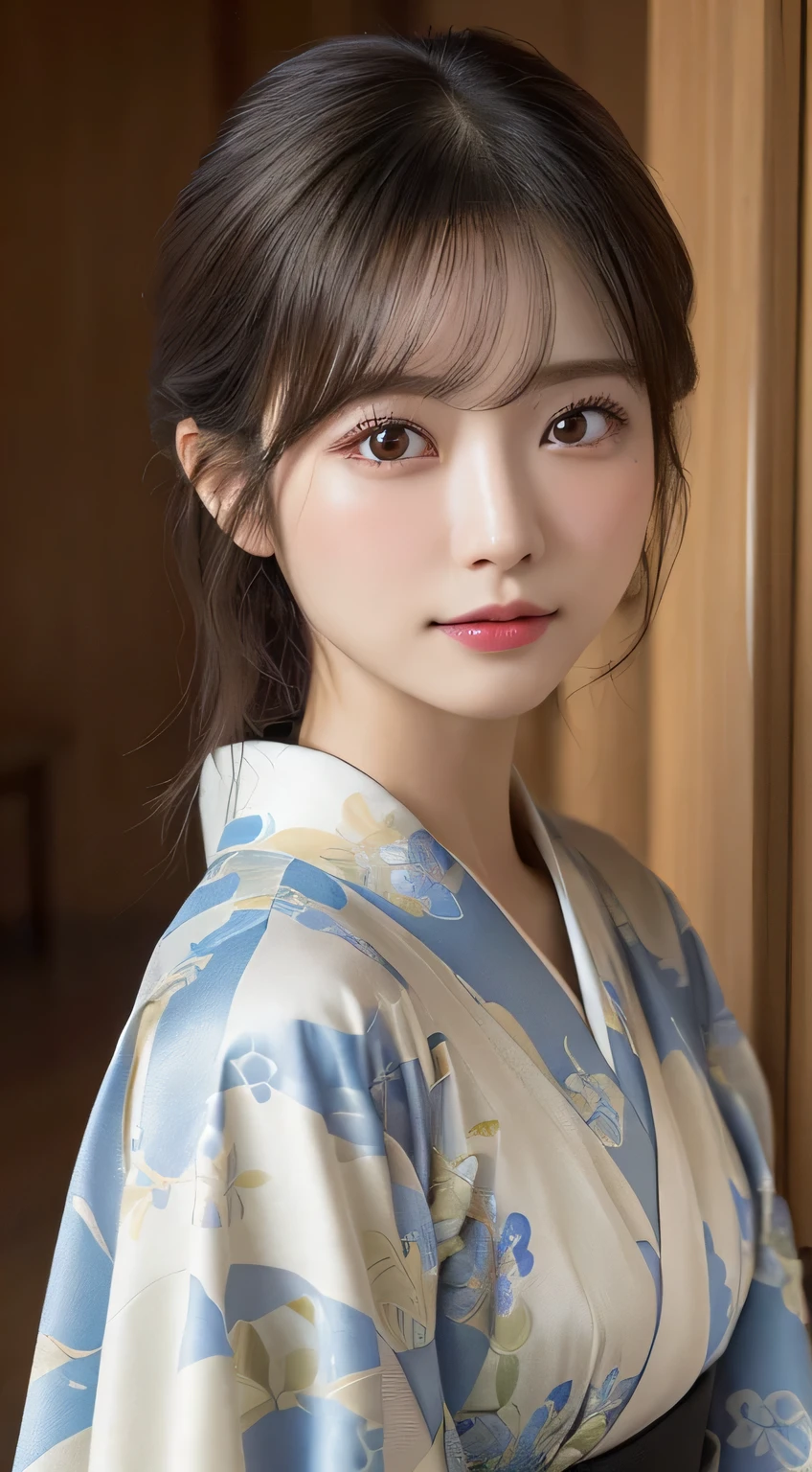 (Kimono)、((33yo))、inside in room、(top-quality,masterpiece:1.3,超A high resolution,),(ultra-detailliert,Caustics),(Photorealsitic:1.4,RAW shooting,)Ultra-realistic capture,A highly detailed,high-definition16Kfor human skin、 Skin texture is natural、The skin looks healthy with an even tone、 Use natural light and color、(One Woman)、japanes,,kawaii,A dark-haired,Middle hair,(depth of fields、chromatic abberation、Wide range of lighting、Natural Shading)