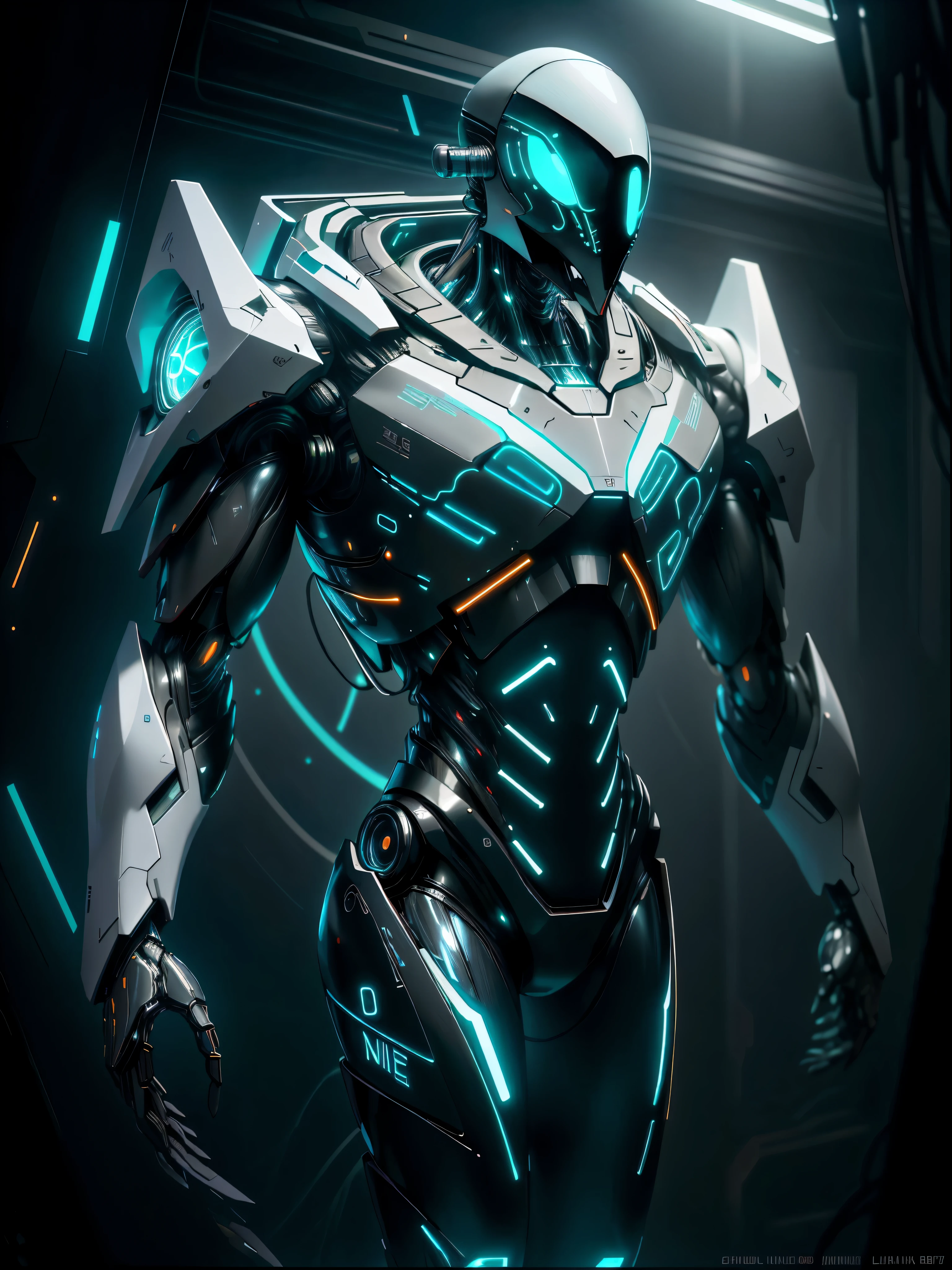 realistic,shiny,reflective,bioluminic, galactic cybernetic mask,mecha,( White Slenderman :1.2)sh4g0d,GlowingRunes_red, slim body, fullbody,cinemnatic, colourful neon lights in the background,back light,high contrast,