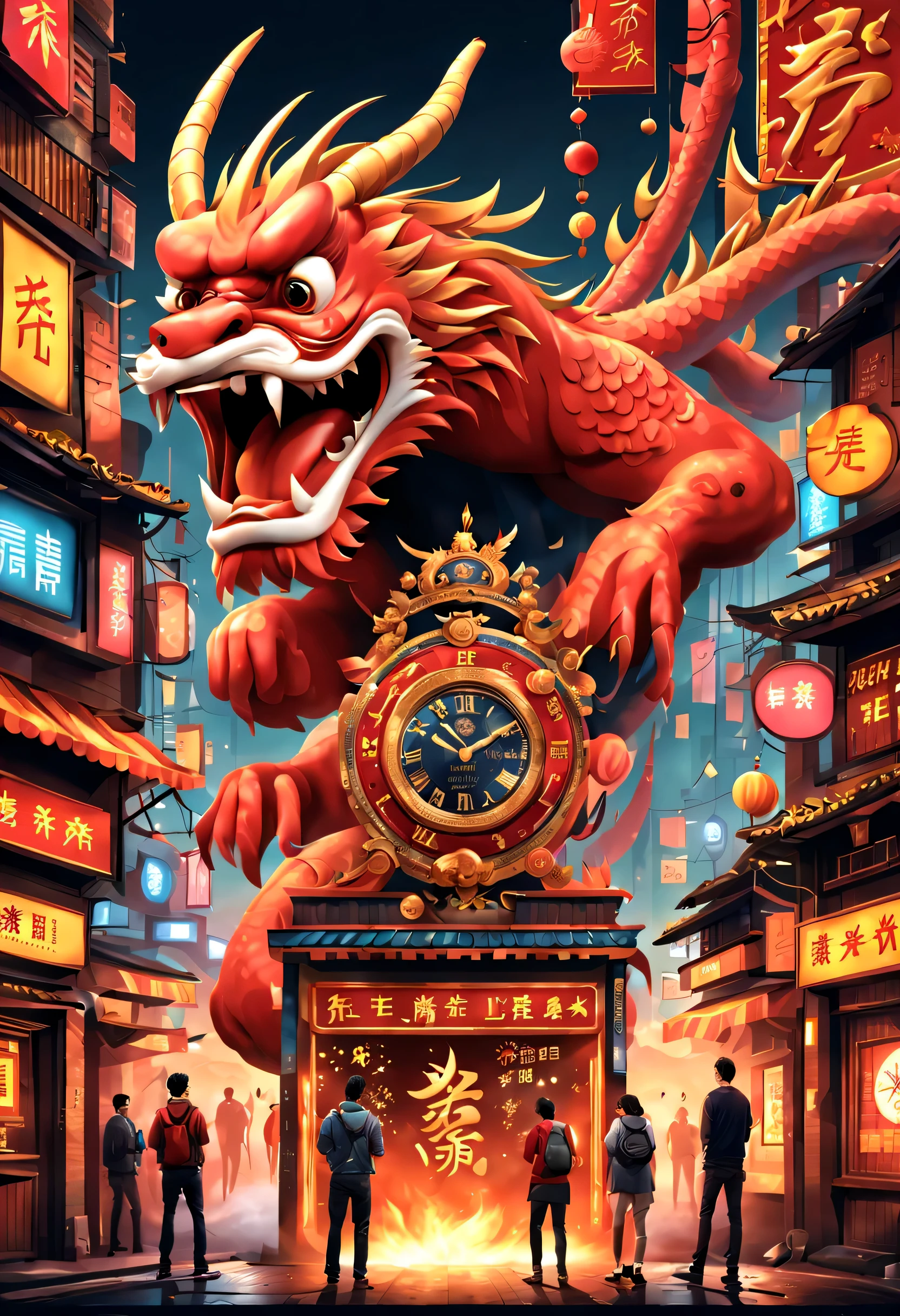 （2024 new year eve new year poster design），Passionate red as the main color，with dynamism，Located in the center of the poster，Smiling giant Chinese dragon and cute rabbit electronic lcd screen countdown clock design，People look at the clock and shout，There are various carnival elements scattered around， (air zone、fire works, ETC) ，At the bottom of the poster， (Happy New Year Gold Award）），（Gold Medal 2024 ），Made by Pixar，3D，Steam cyberpunk，