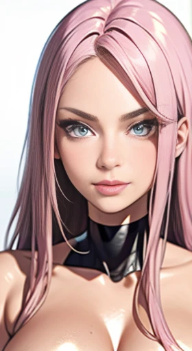 (masterpiece, best quality), shiny face, shiny skin, best quality, ultra-high resolution, depth of field,  intricate details, thin, ((slim)), beautiful girl, Light pink hair, white skin, light purple eyes, sharp jawline, cropped jacket, messy hair, plump lips, upper body, smirk, plum areolas, light colored areolas, Puffy nipples, puffy areolas, both sides of tits is in the picture, detailed eyes