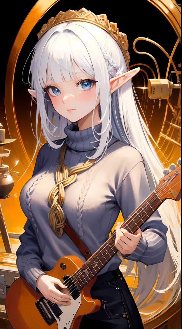 ((masterpiece, best quality)), official art, unity 8k wallpaper, ultra detailed, (zentangle, mandala, tangle, entangle), (fractal art:1.3),  an elf woman, with a guitar in her hands and a joy in her eyes, BREAK, highly detailed of (elf), (1girl), solo, big breast, perfect face, details eye, Blunt bangs, (hair between eye), white hair, blue eyes, eyelashes, eyeshadow, pink eyeshadow, in the style art by Artgerm, by Kawacy, by Yoshitaka Amano, BREAK, flat jumper, knitwear, knitwear design, knitted sweater, cables, cables composition, fishermans rib, woolen material, bright orange