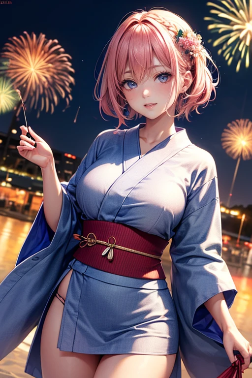 (Best Quality, 4K, 8K, hight resolution, masutepiece:1.2), Pink Hair、short braided hair。her breasts are beautiful and big。Wearing Yukata、Do hand-held fireworks。