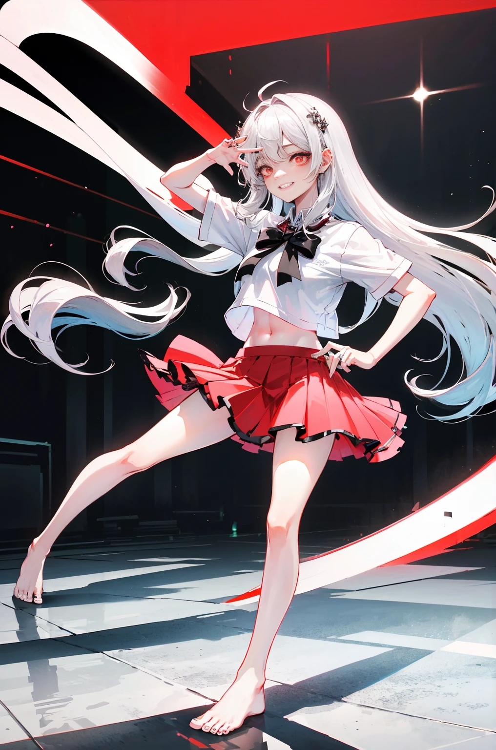 Hyper-Resolution,
(realistically:1.3),
(1 Slim girl), Fashionab女孩, Fashionab,
Young face, red eye makeup,The face is red, (energetic smile),
(Slim) upper legs,
Navel-baring T-shirt), (above the knee skirt),
,Fashion show,
be on stage,Audience,Full body photo,Barefoot,emo girl, kawaii, silber hair, Angelic, angel ring, locks,, The white花, The white, pure white, silvery white