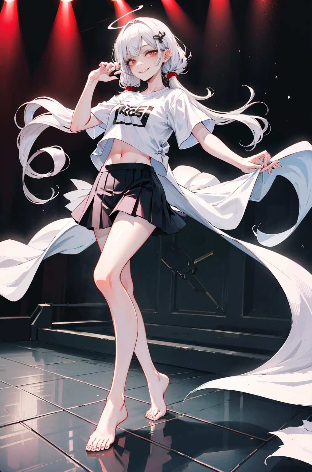 Hyper-Resolution,
(realistically:1.3),
(1 Slim girl), Fashionab女孩, Fashionab,
Young face, red eye makeup,The face is red, (energetic smile),
(Slim) upper legs,
Navel-baring T-shirt), (above the knee skirt),
,Fashion show,
be on stage,Audience,Full body photo,Barefoot,emo girl, kawaii, silber hair, Angelic, angel ring, locks,, The white花, The white, pure white, silvery white