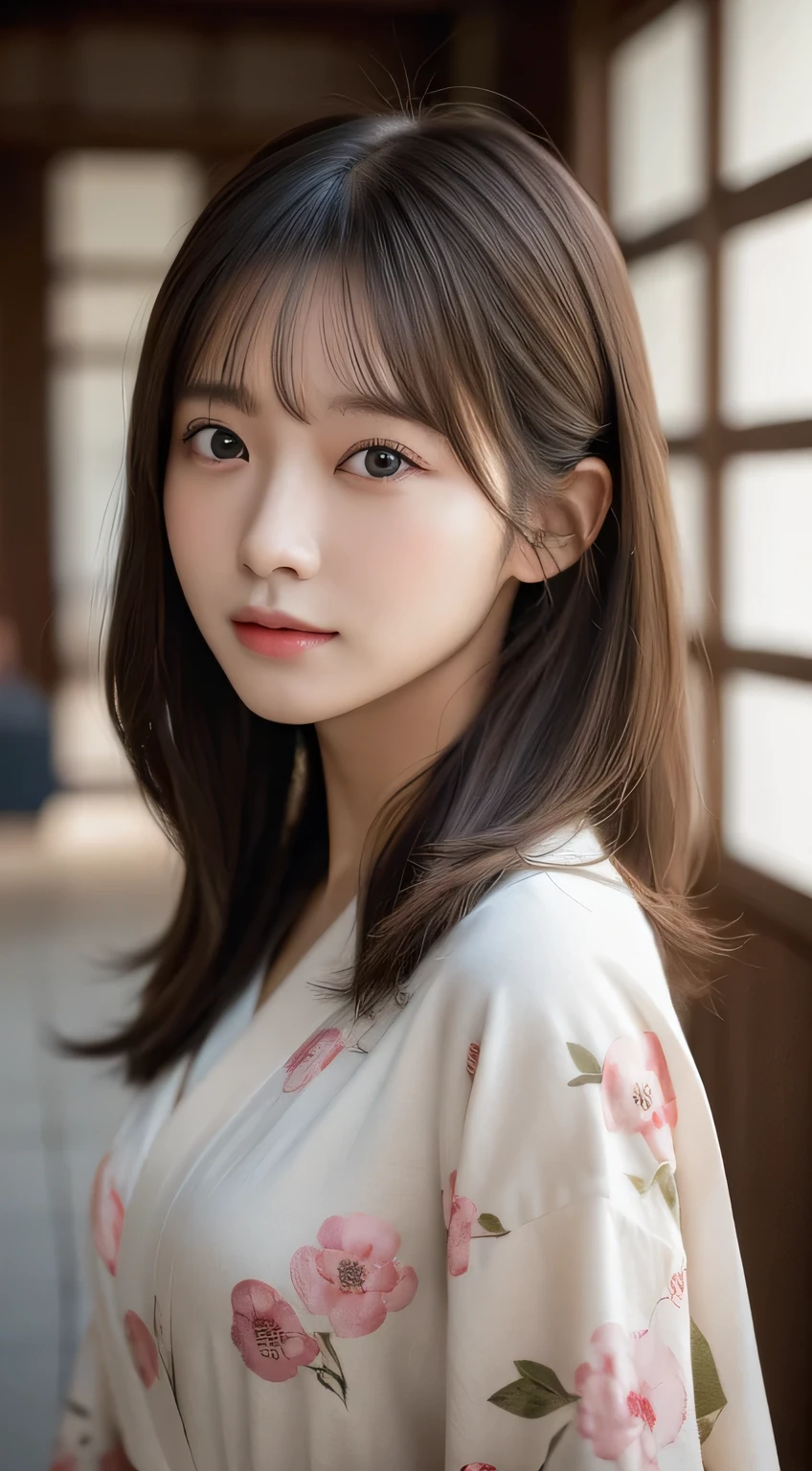 (Kimono)、(23years old)、(top-quality,masterpiece:1.3,超A high resolution,),(ultra-detailliert,Caustics),(Photorealsitic:1.4,RAW shooting,)Ultra-realistic capture,A highly detailed,high-definition16Kfor human skin、 Skin texture is natural、、The skin looks healthy with an even tone、 Use natural light and color、(One Woman)、japanes,,kawaii,A dark-haired,Middle hair,(depth of fields、chromatic abberation、、Wide range of lighting、Natural Shading、)、
