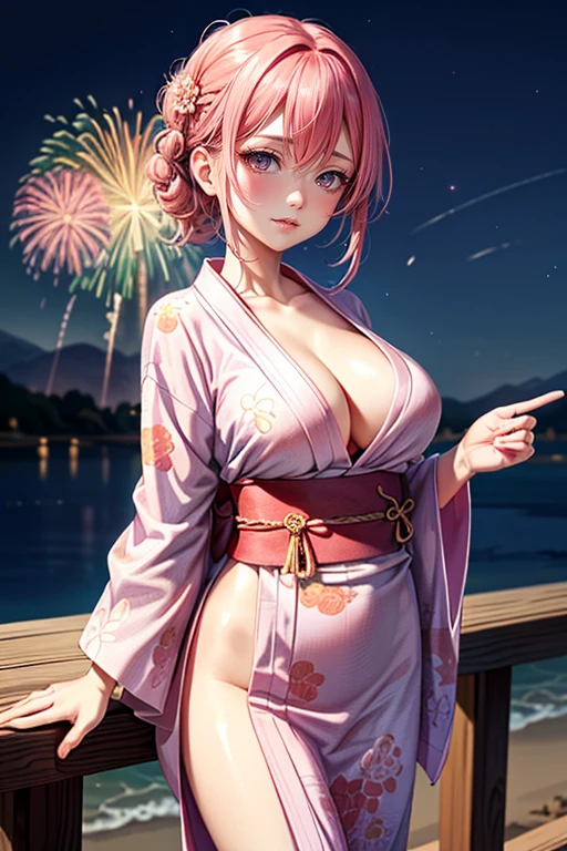 (Best Quality, 4K, 8K, hight resolution, masutepiece:1.2), Pink Hair、short braided hair。her breasts are beautiful and big。Wearing a high quality yukata、Do hand-held fireworks。