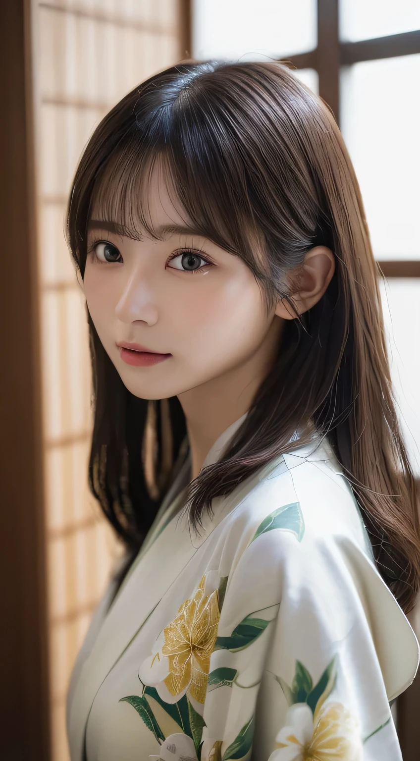 (Kimono)、(23years old)、(top-quality,masterpiece:1.3,超A high resolution,),(ultra-detailliert,Caustics),(Photorealsitic:1.4,RAW shooting,)Ultra-realistic capture,A highly detailed,high-definition16Kfor human skin、 Skin texture is natural、、The skin looks healthy with an even tone、 Use natural light and color、(One Woman)、japanes,,kawaii,A dark-haired,Middle hair,(depth of fields、chromatic abberation、、Wide range of lighting、Natural Shading、)、